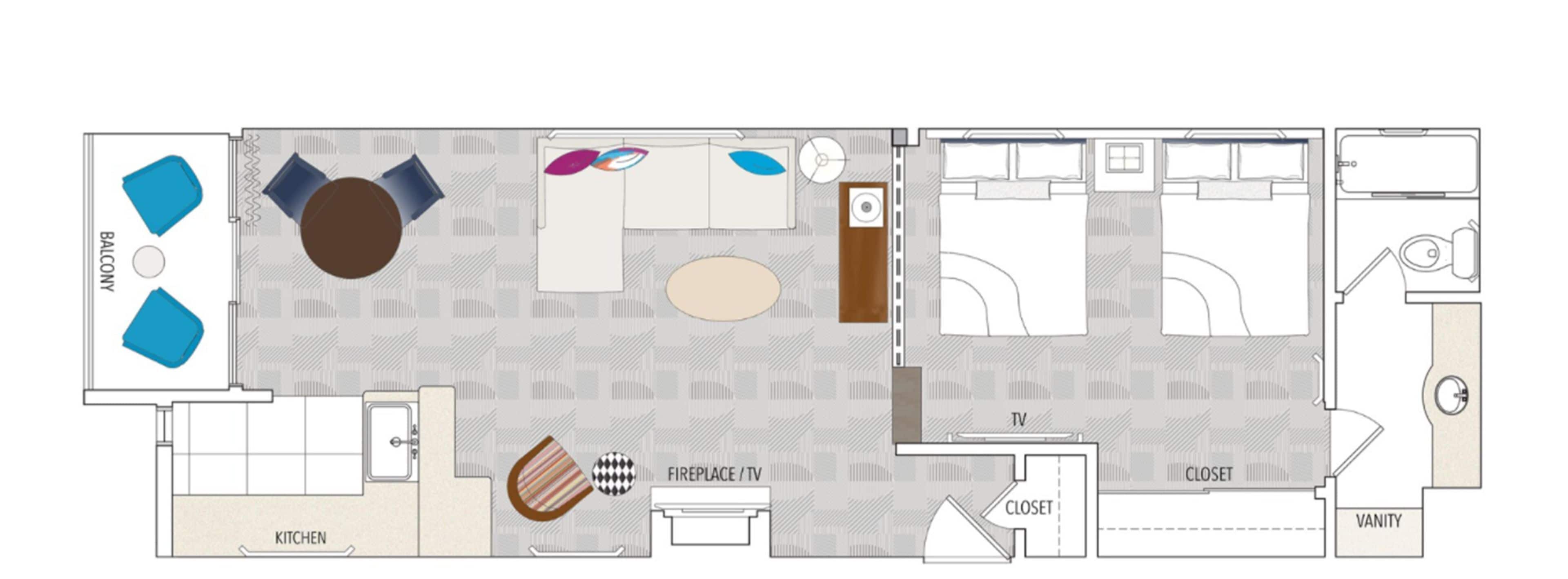 A hotel room layout with a balcony, kitchenette, fireplace/TV, closet, vanity, and a TV area.