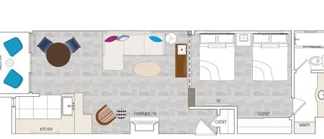 A hotel room layout with a balcony, kitchenette, fireplace/TV, closet, vanity, and a TV area.