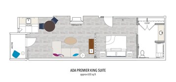 Planta baixa da Suíte Premier King ADA, com aproximadamente 61 metros quadrados, incluindo cozinha, banheiro, sala de estar e lareira/TV.