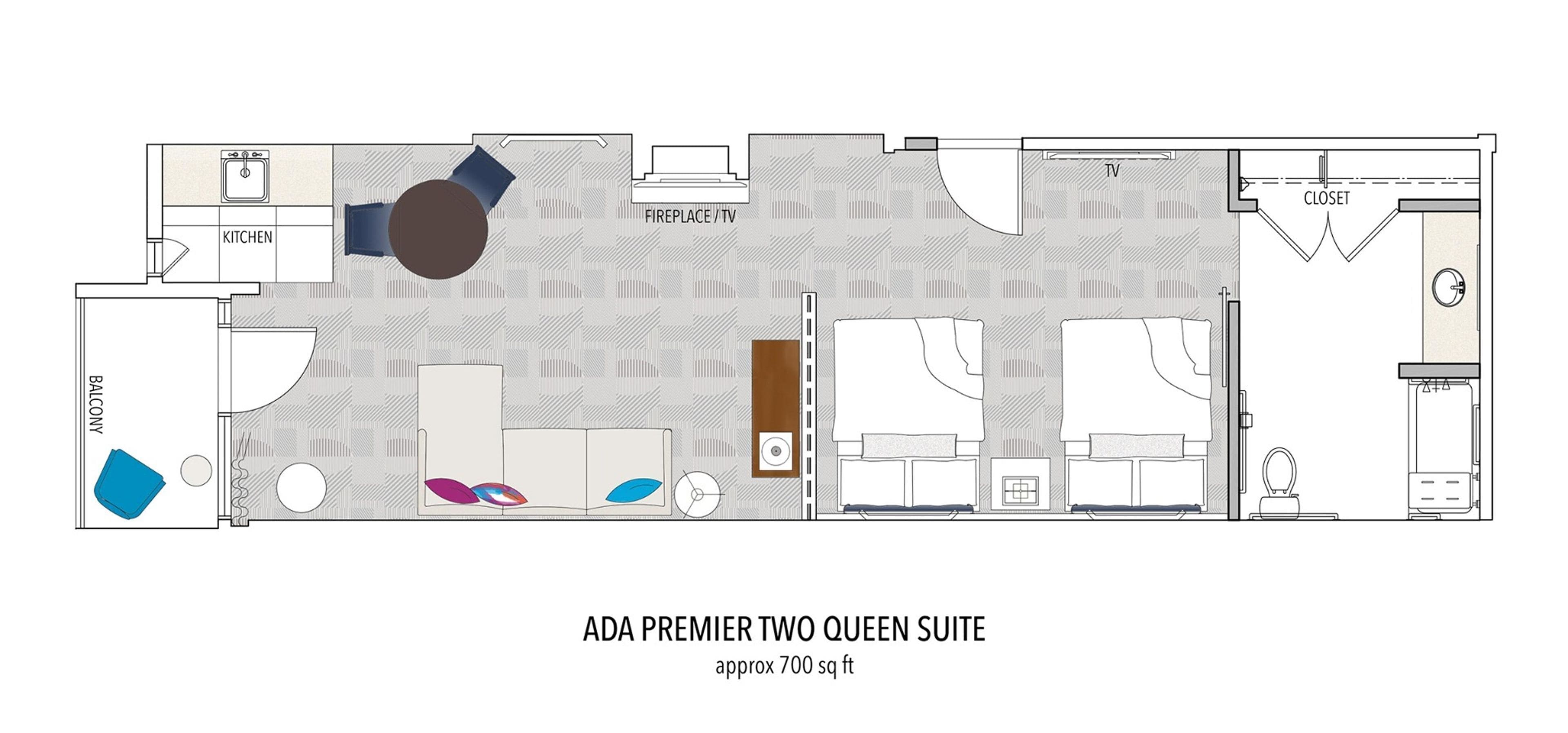 A floor plan of the ADA Premier Two Queen Suite, approximately 700 sq ft, with a kitchen, bathroom, closet, and a fireplace/TV area.
