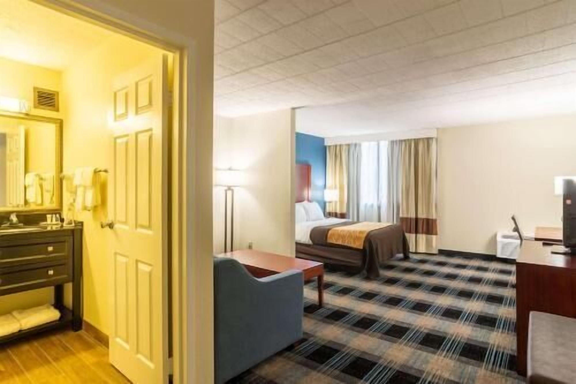 Premium bedding, desk, laptop workspace, blackout curtains