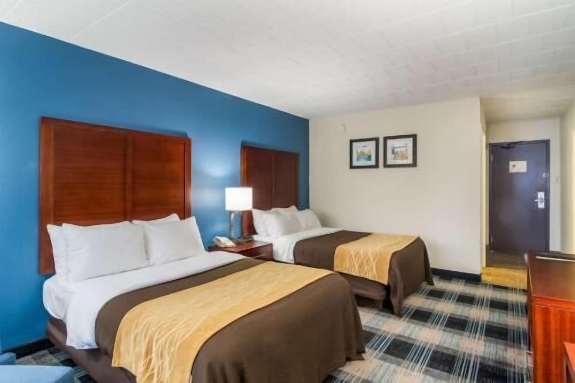 Premium bedding, desk, laptop workspace, blackout curtains