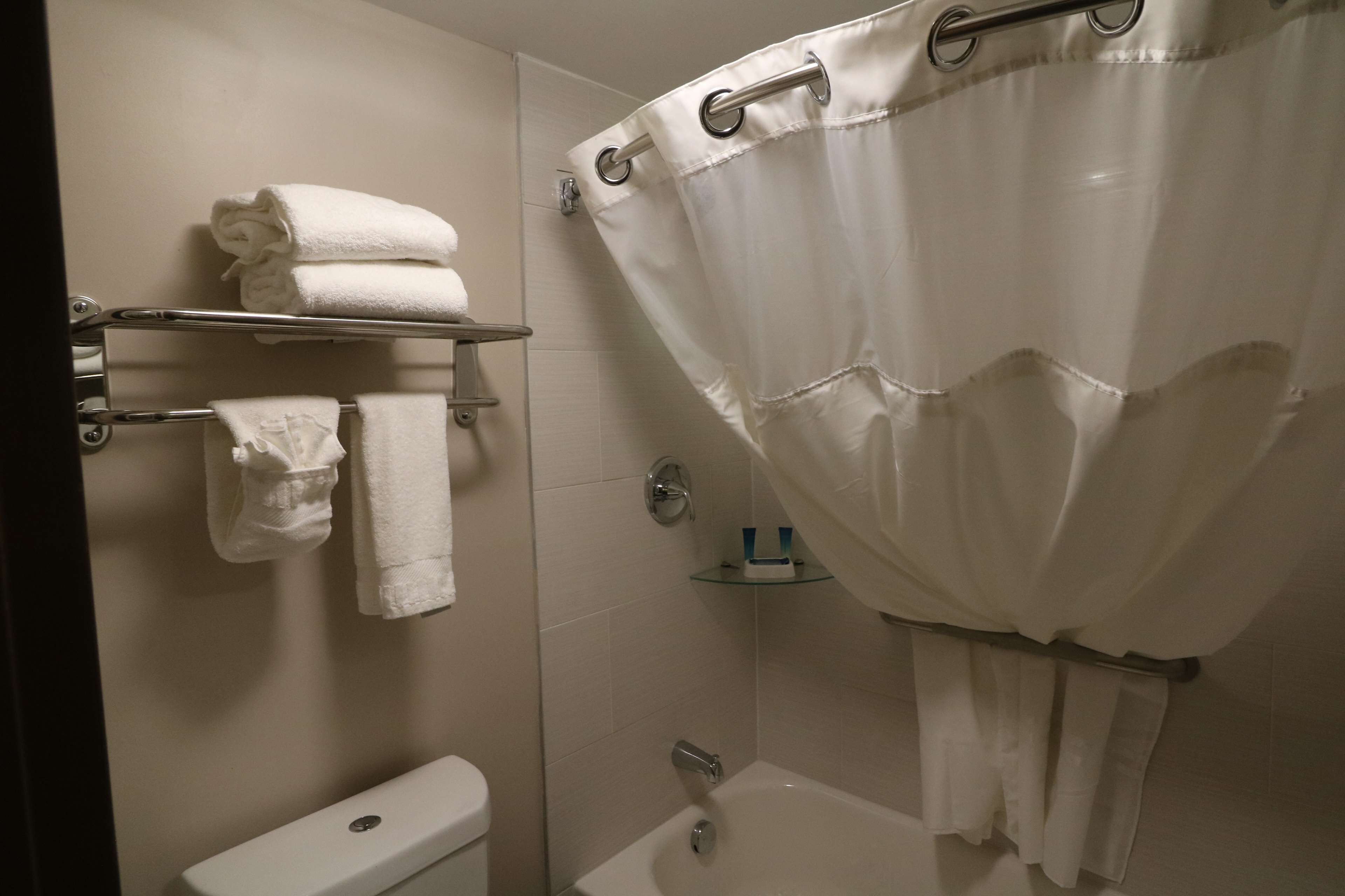 Une salle de bain équipée de toilettes, d’une baignoire, d’un rideau de douche et d’un porte-serviettes avec des serviettes.