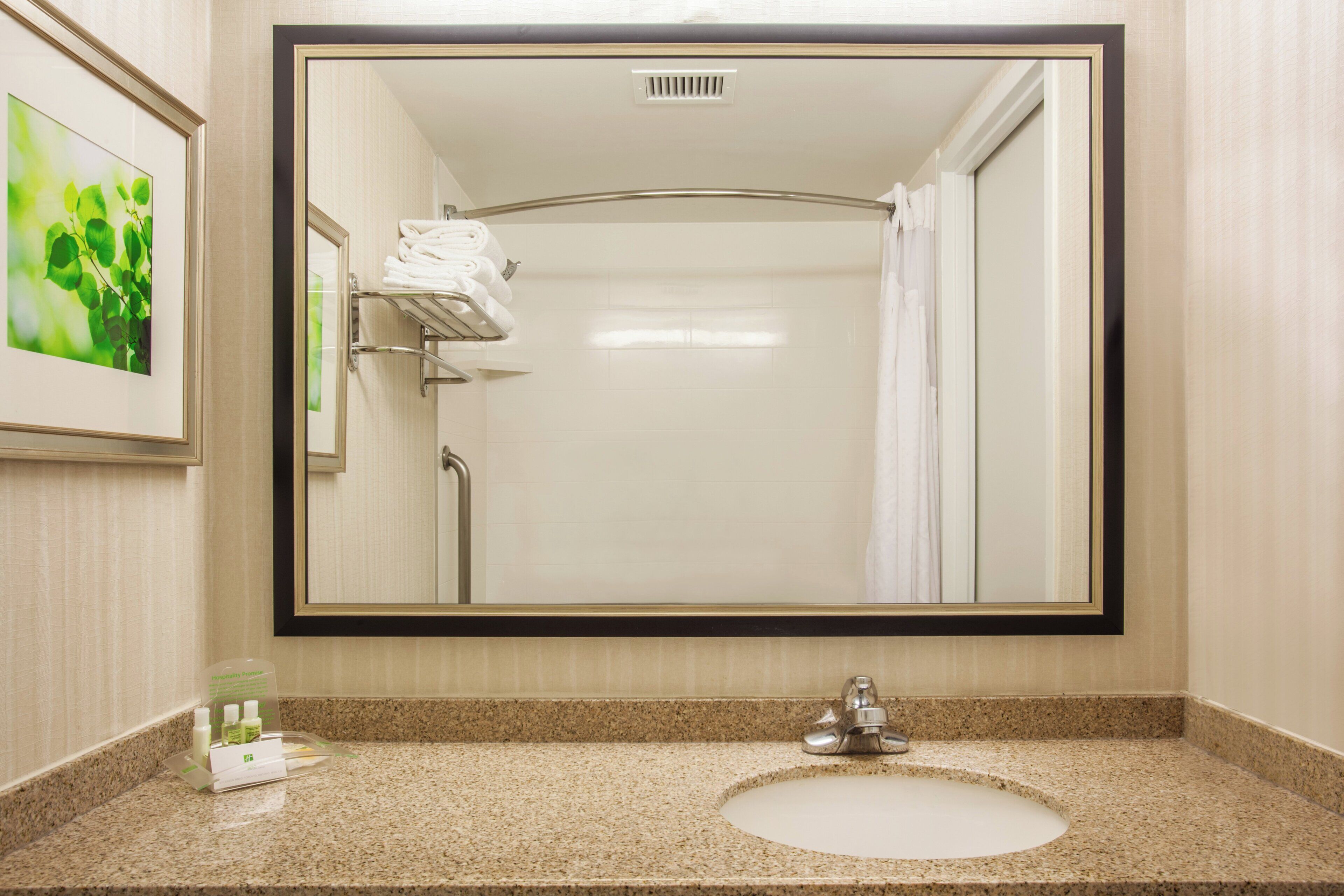 A bathroom with a large mirror, a sink, and a towel rack.