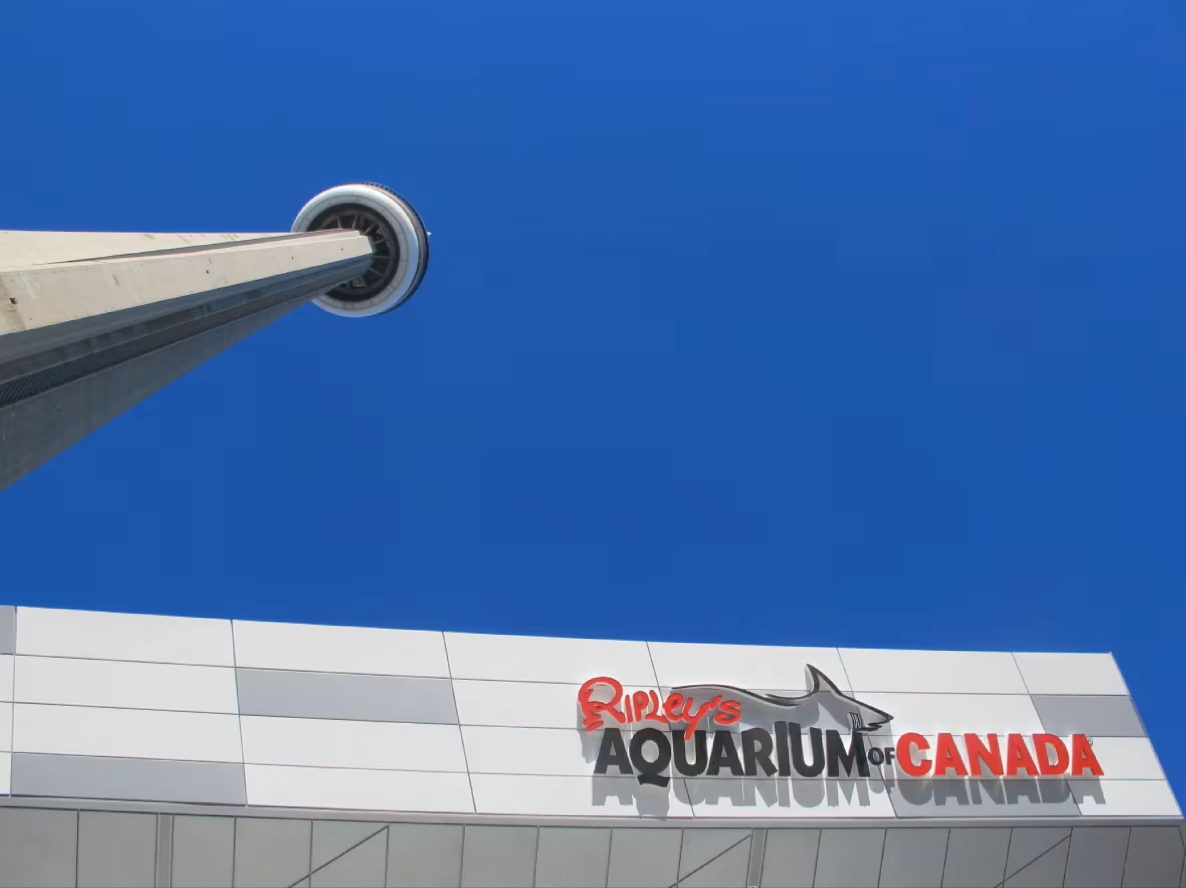 Panneau de l’aquarium Ripley du Canada, avec un ciel bleu clair en arrière-plan.