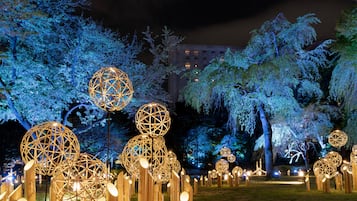 A nighttime outdoor area with spherical light installations and trees.