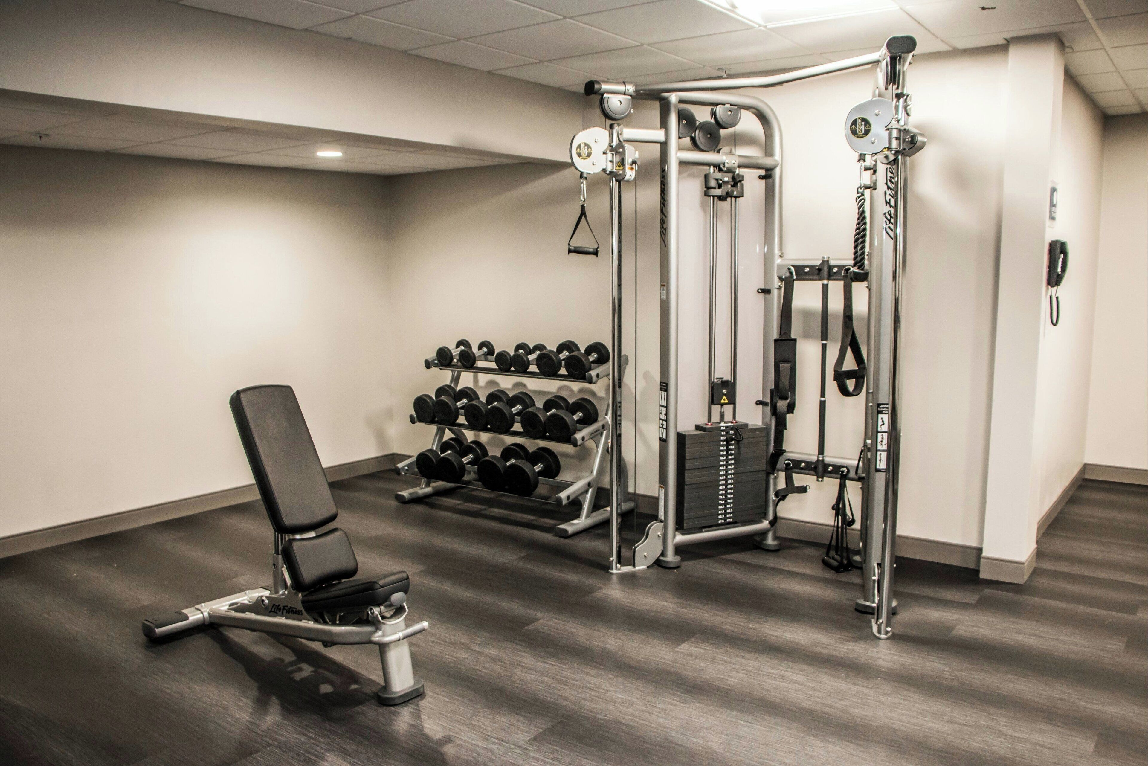 A gym with a bench, dumbbells, and weight machines.
