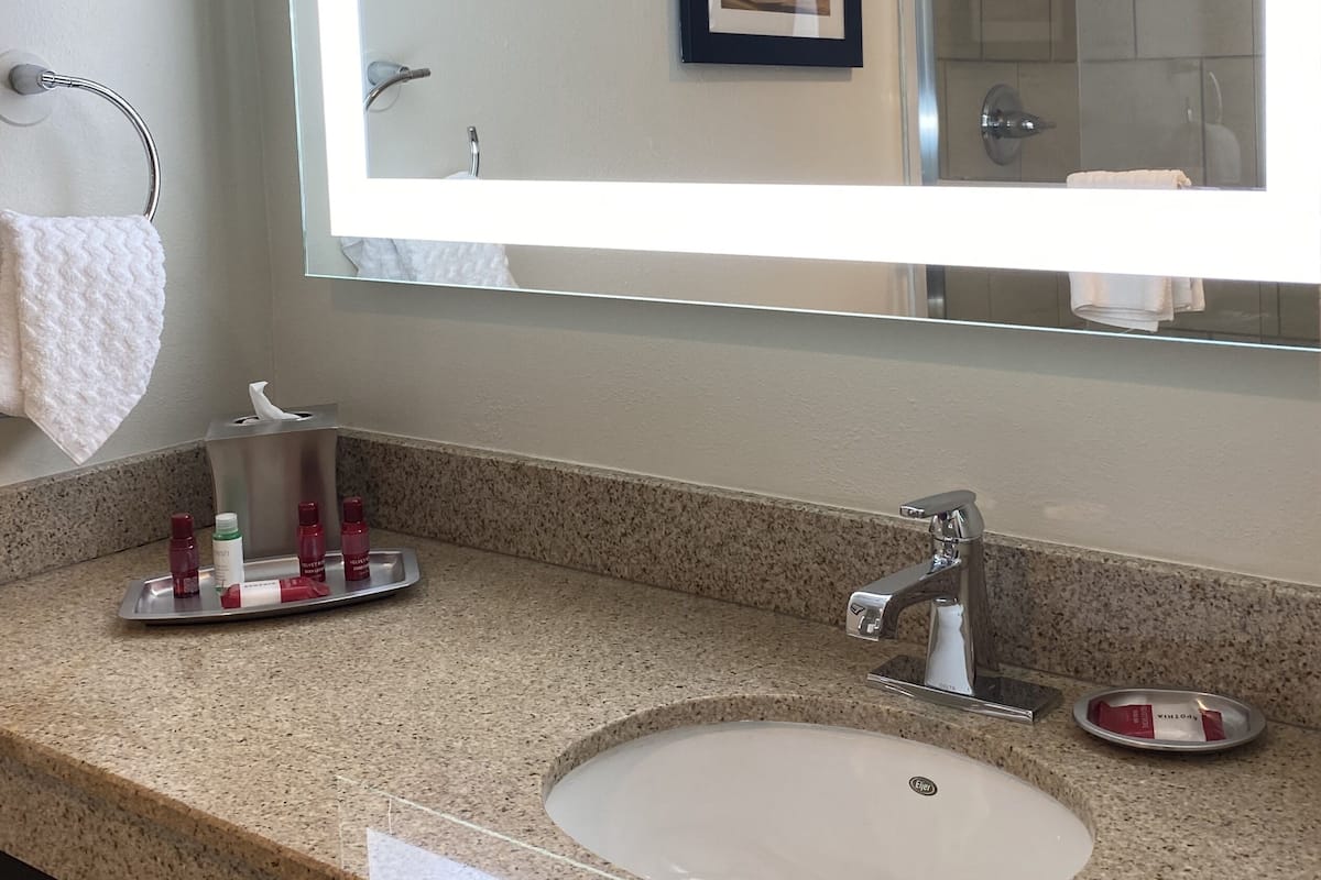 Shower, designer toiletries, towels