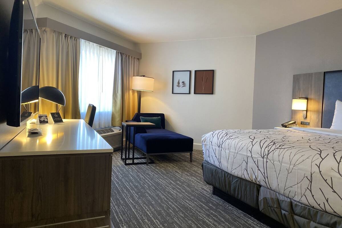 A hotel room with a bed, desk, chair, lamps, and artwork on the wall.