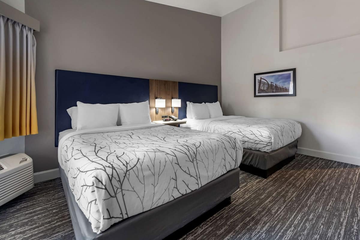 A hotel room with two beds, a headboard, bedside lamps, a telephone, a picture on the wall, and a window with curtains.