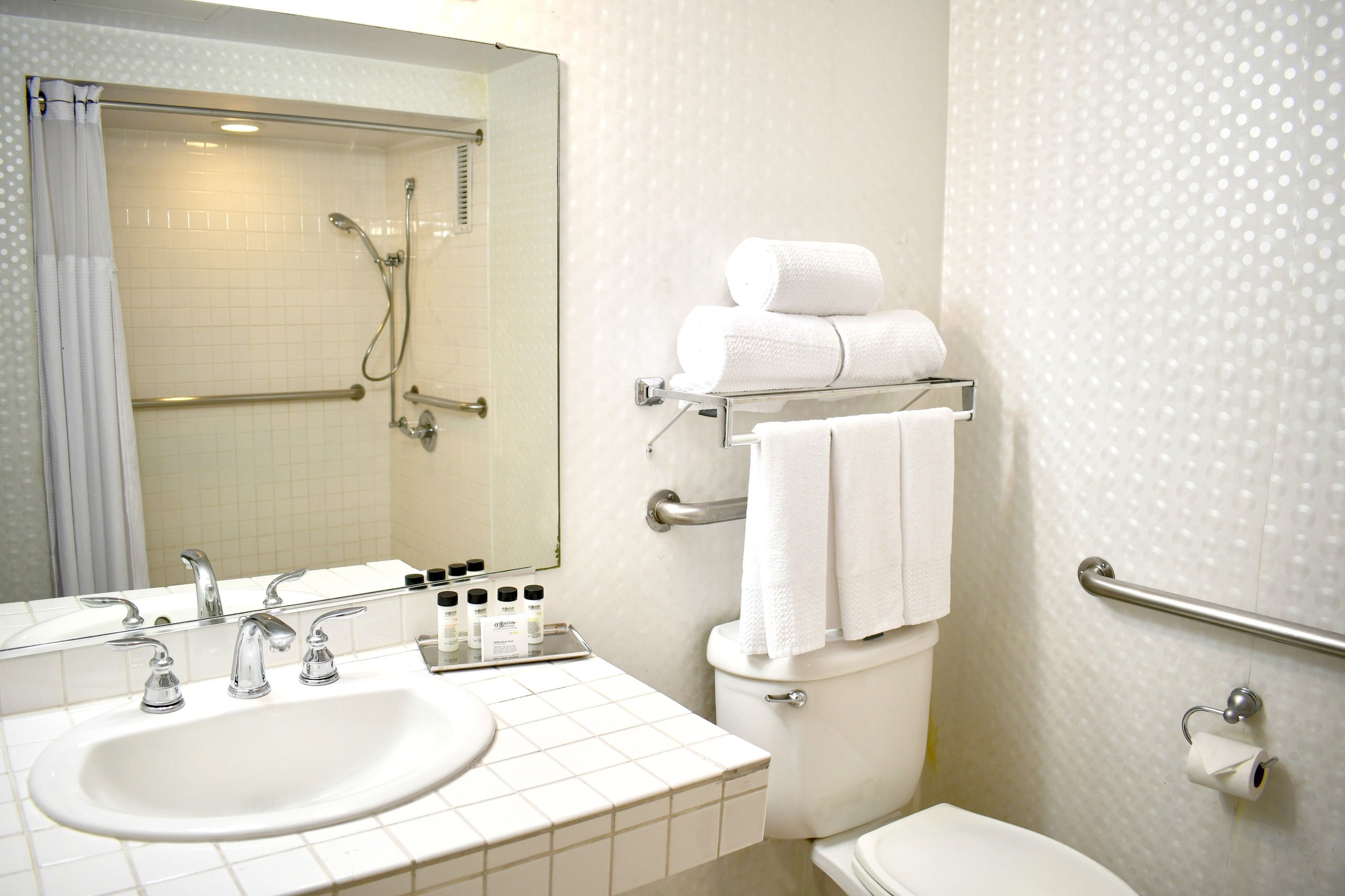 combined shower/bathtub, eco-friendly toiletries, hair dryer, bathrobes