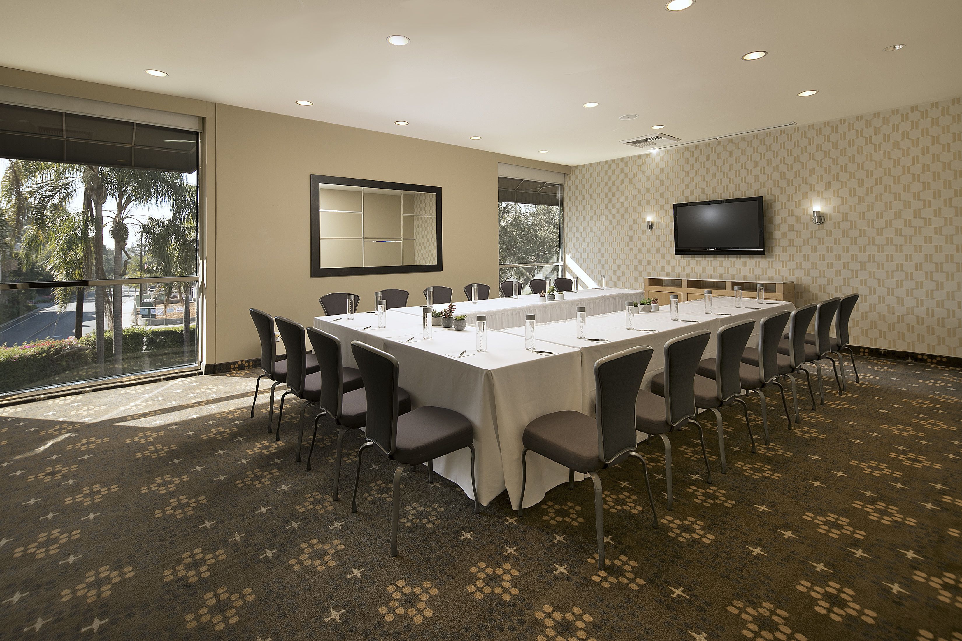 A conference room with a long table, chairs, a large mirror, a TV, and a patterned carpet.