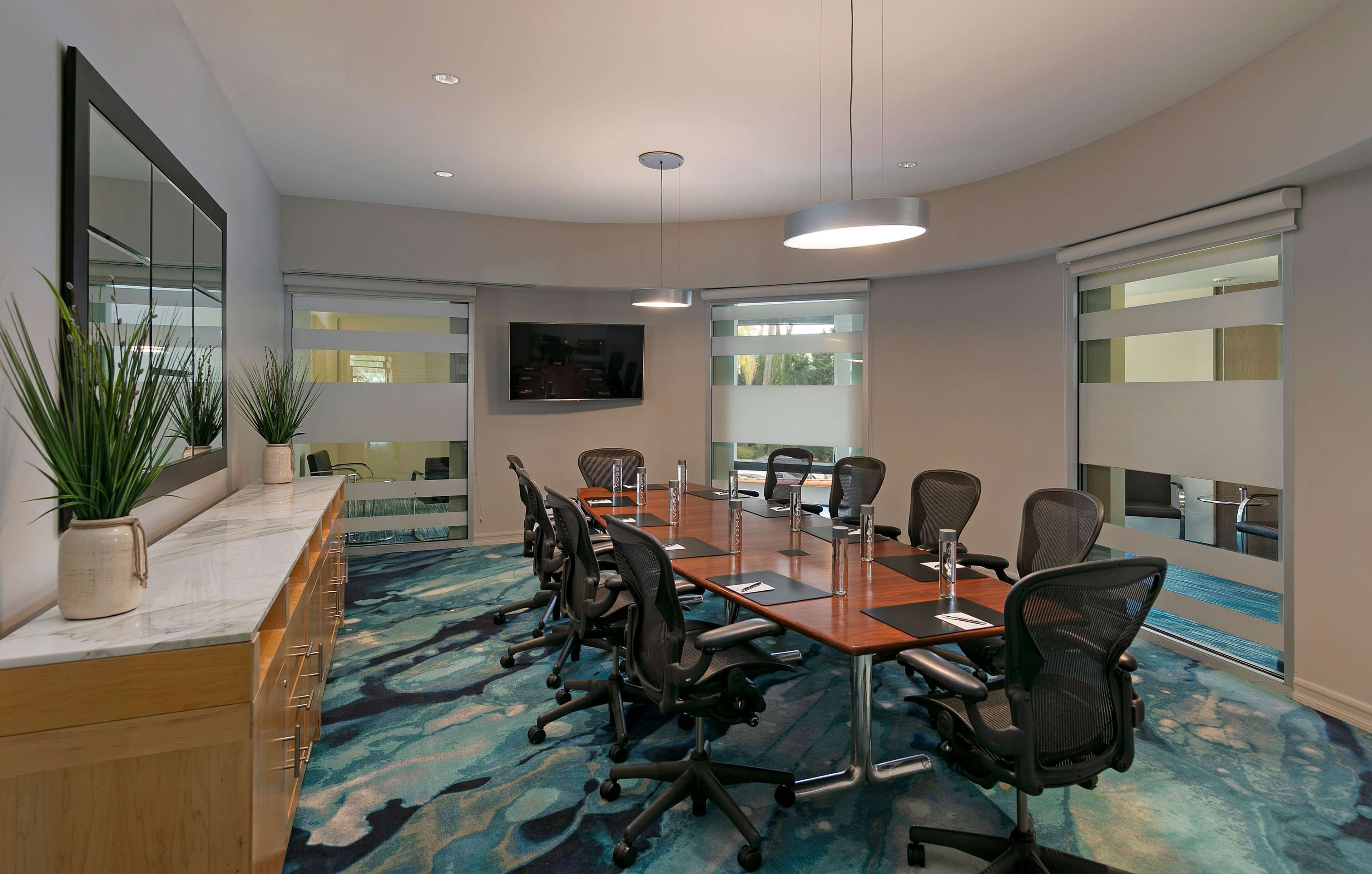 A conference room with a long table, chairs, a TV, and large windows.