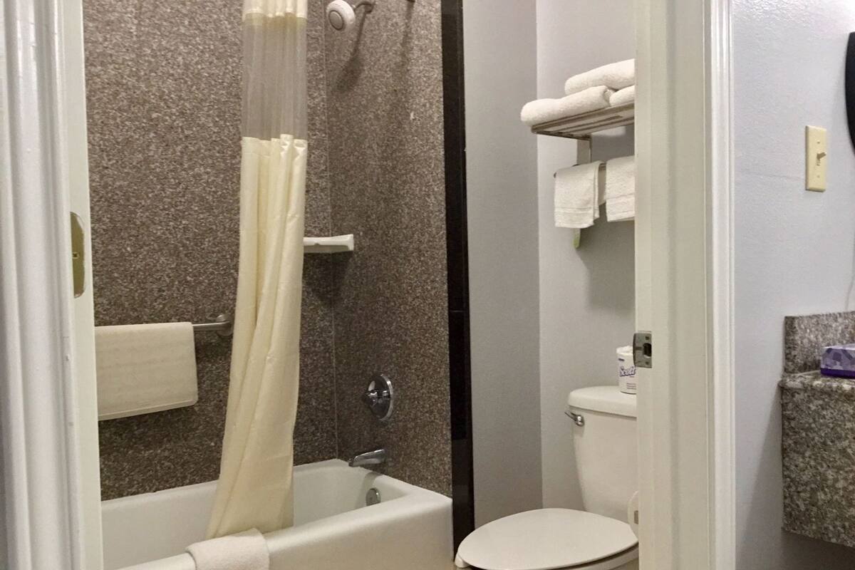 A bathroom with a bathtub, toilet, and a shower curtain.