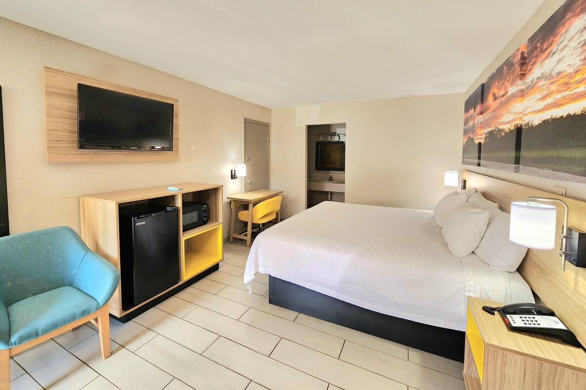 A hotel room with a bed, a desk, a TV, a microwave, and a chair.