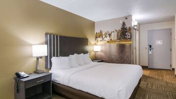 A hotel room with a bed, bedside lamps, a telephone, a small desk, and a door.