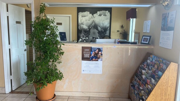 A reception desk with a bulletin board, a potted plant, and a framed picture. - Super 8 by Wyndham Decatur Texas (Decatur)