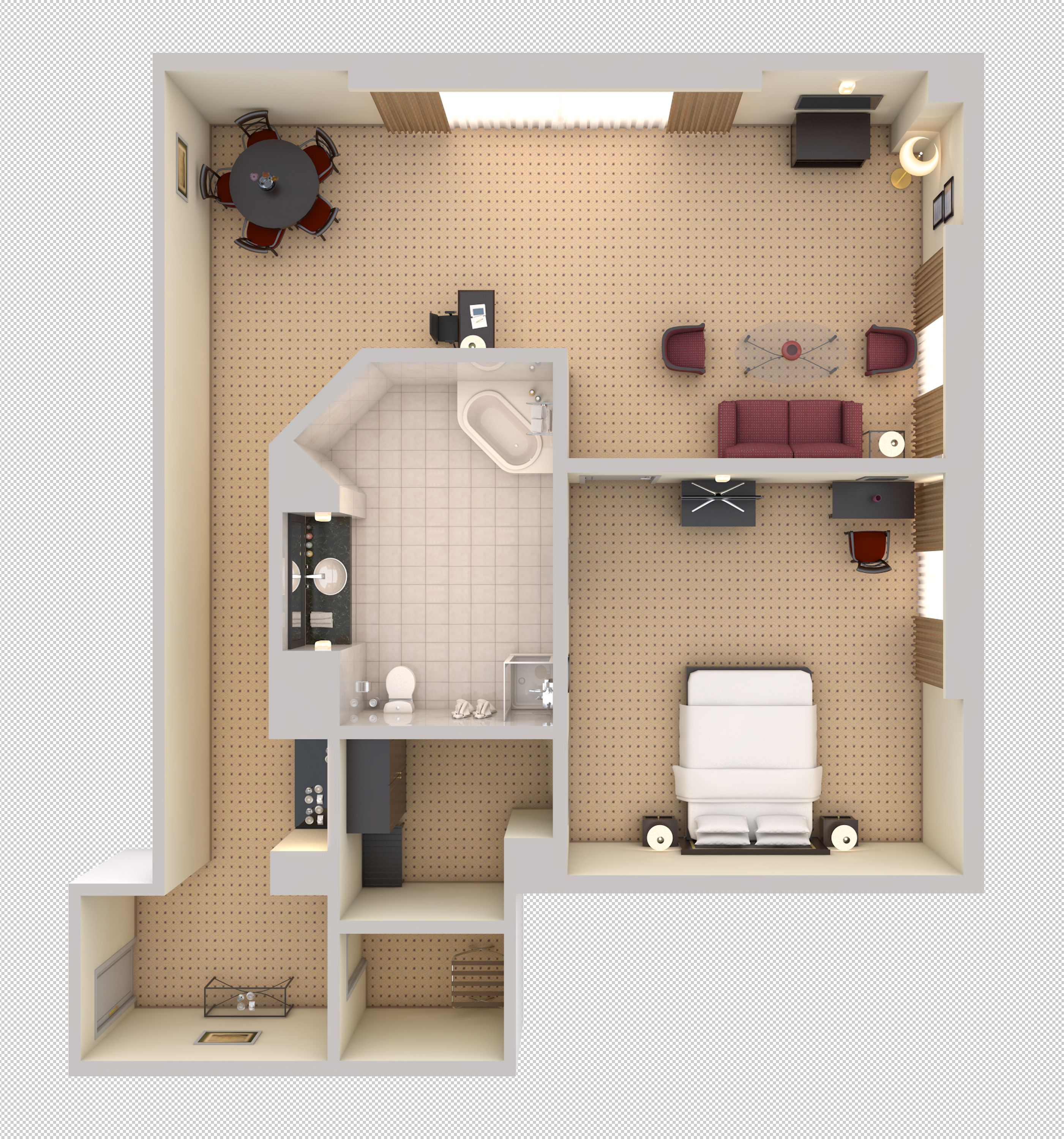 Un appartement de deux chambres comprenant une cuisine, un coin repas et un petit balcon.