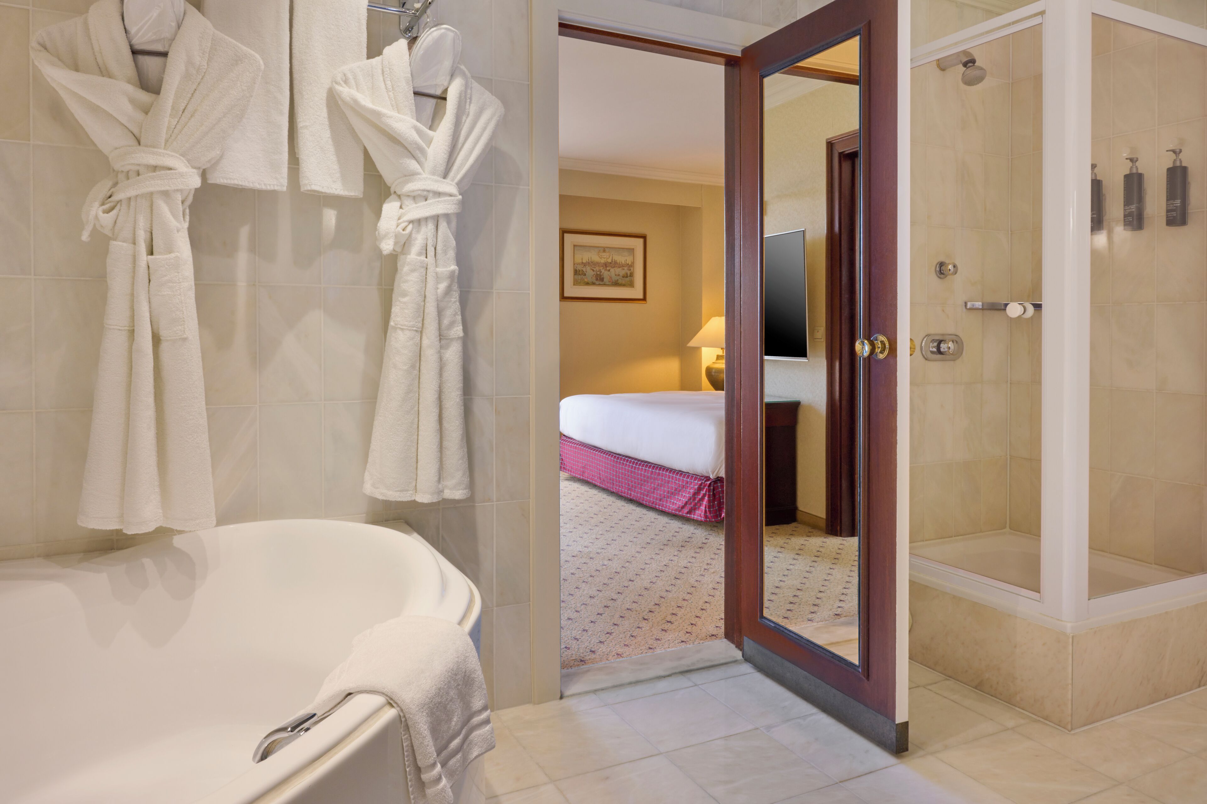 eco-friendly toiletries, hair dryer, towels