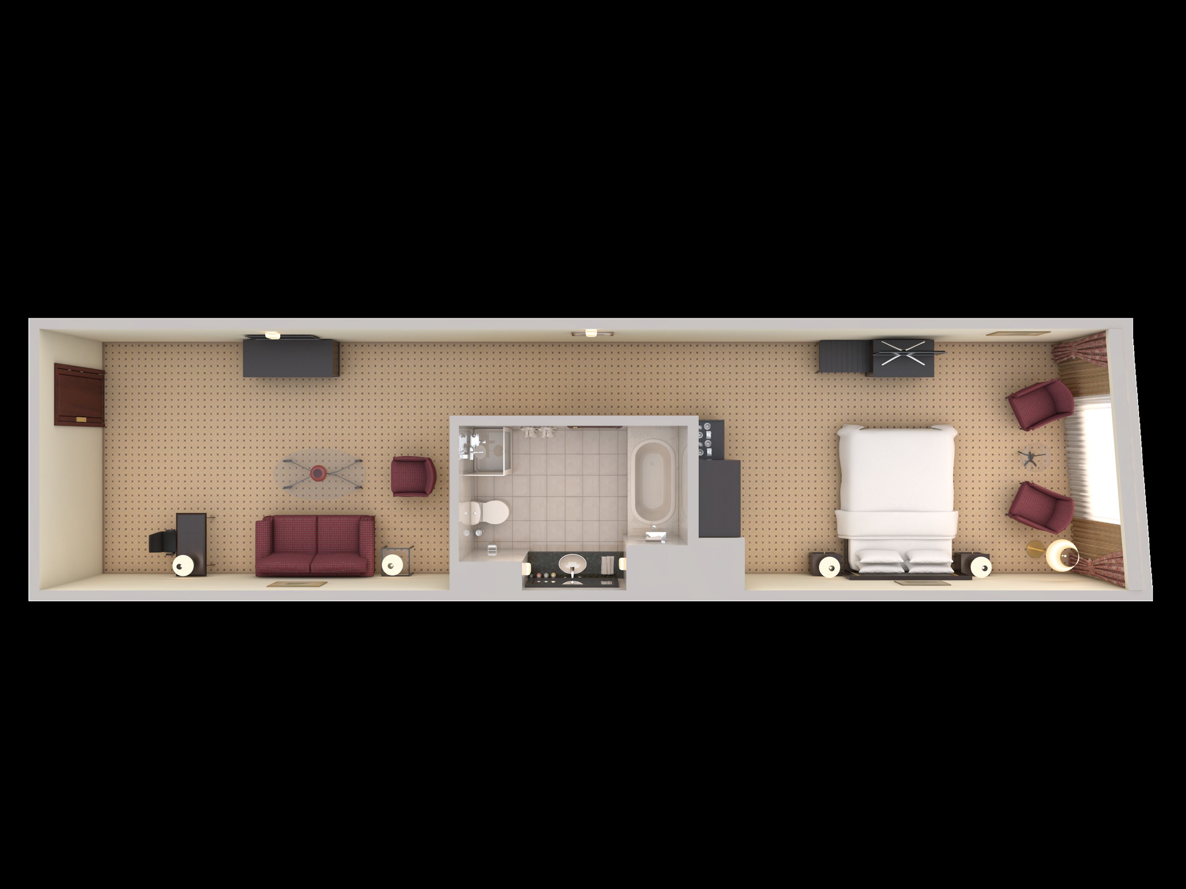 Indeling van een appartement met twee slaapkamers en één badkamer, bestaande uit een woonkamer, een eethoek, een keuken en een badkamer.
