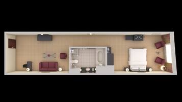 A 2-bedroom, 1-bathroom apartment layout with a living room, a dining area, a kitchen, and a bathroom.