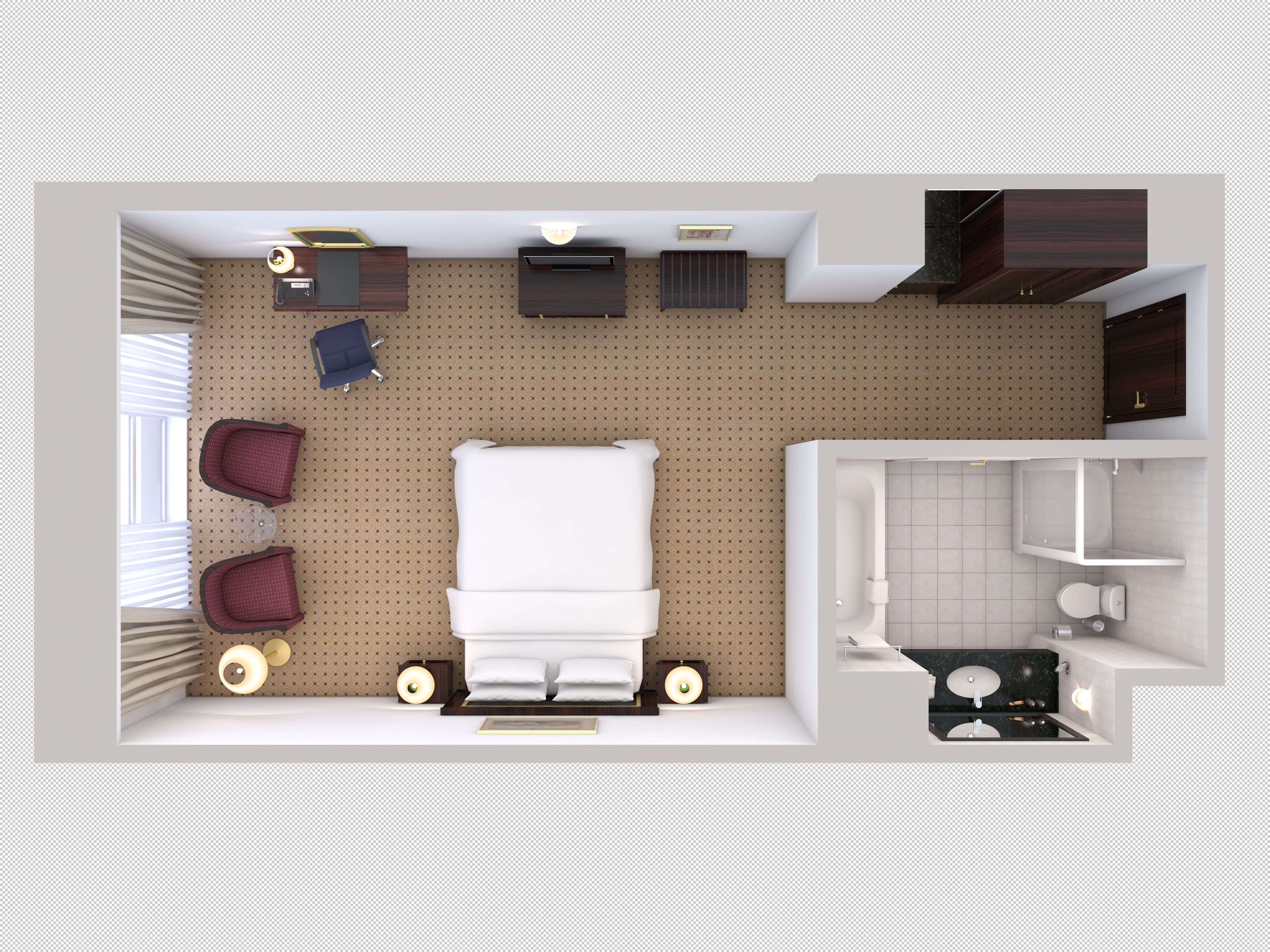 A hotel room layout with a bed, two chairs, a desk, a vanity, and a bathroom.