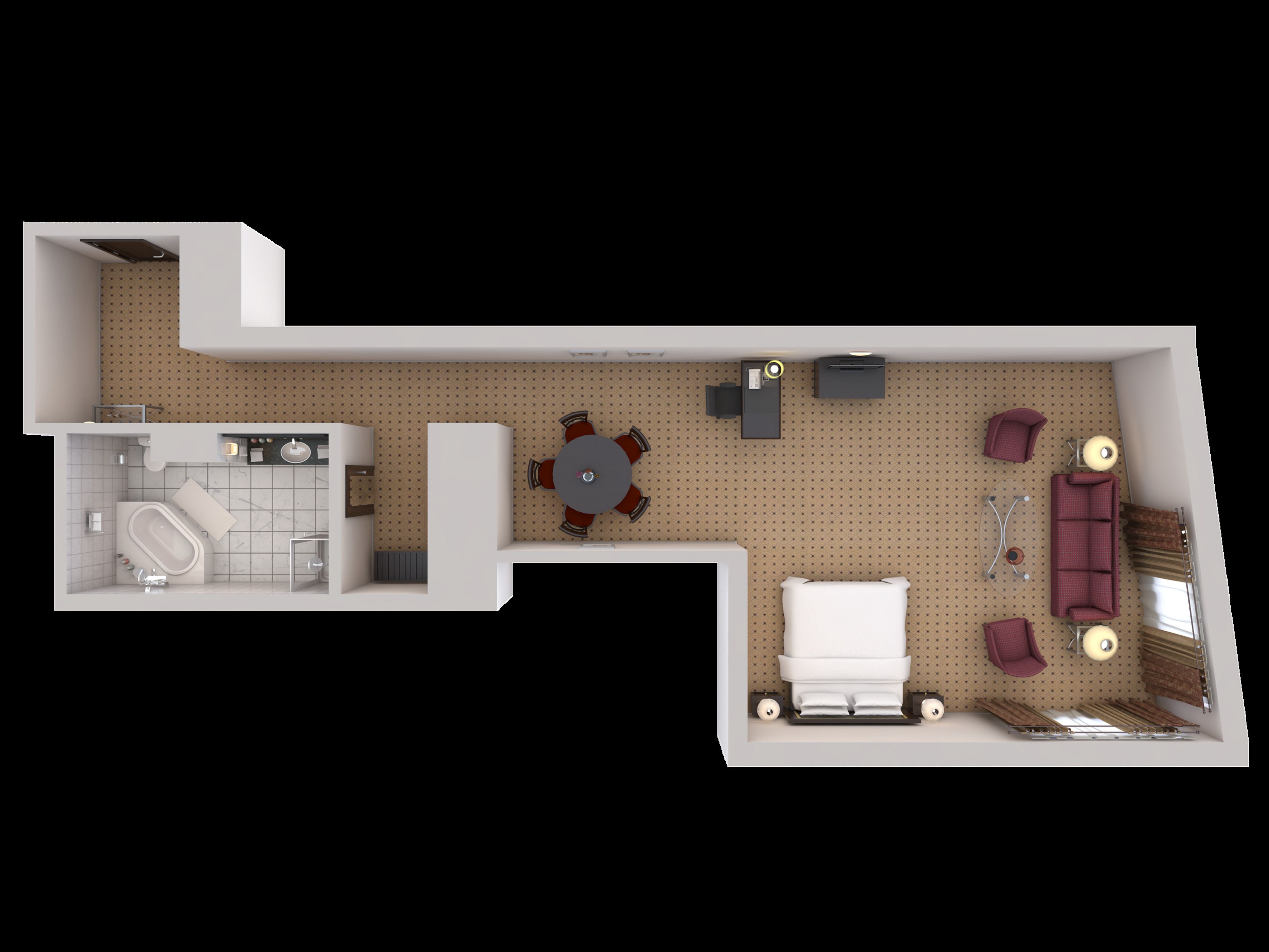 A 3D floor plan of a hotel room with a bathroom, a dining area, a sofa, and a bed.