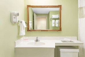 A bathroom with a white sink, a mirror with a gold frame, a hair dryer, and a towel rack.