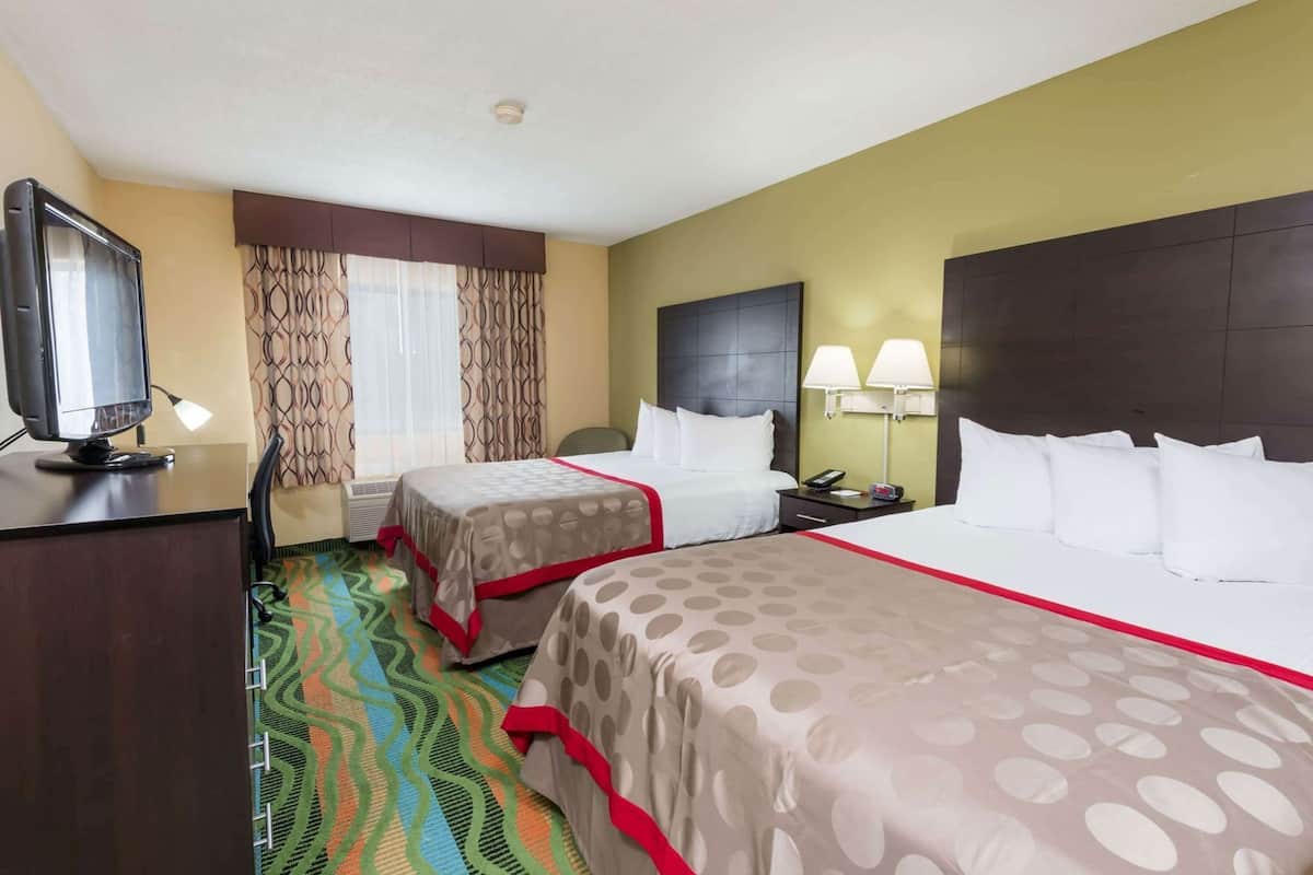 A hotel room with two beds, a TV, a desk, and a patterned carpet.