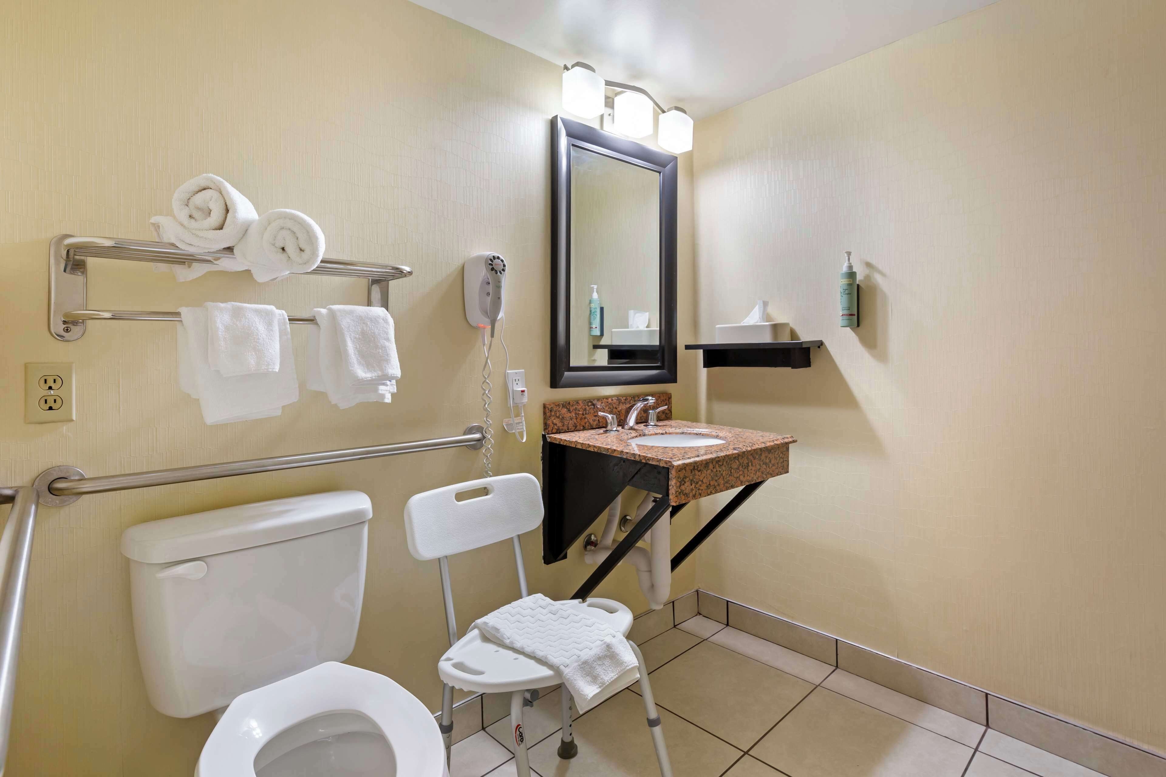 standard room, 1 king bed, accessible, refrigerator | bathroom | combined shower/bathtub, free toiletries, hair dryer, towels