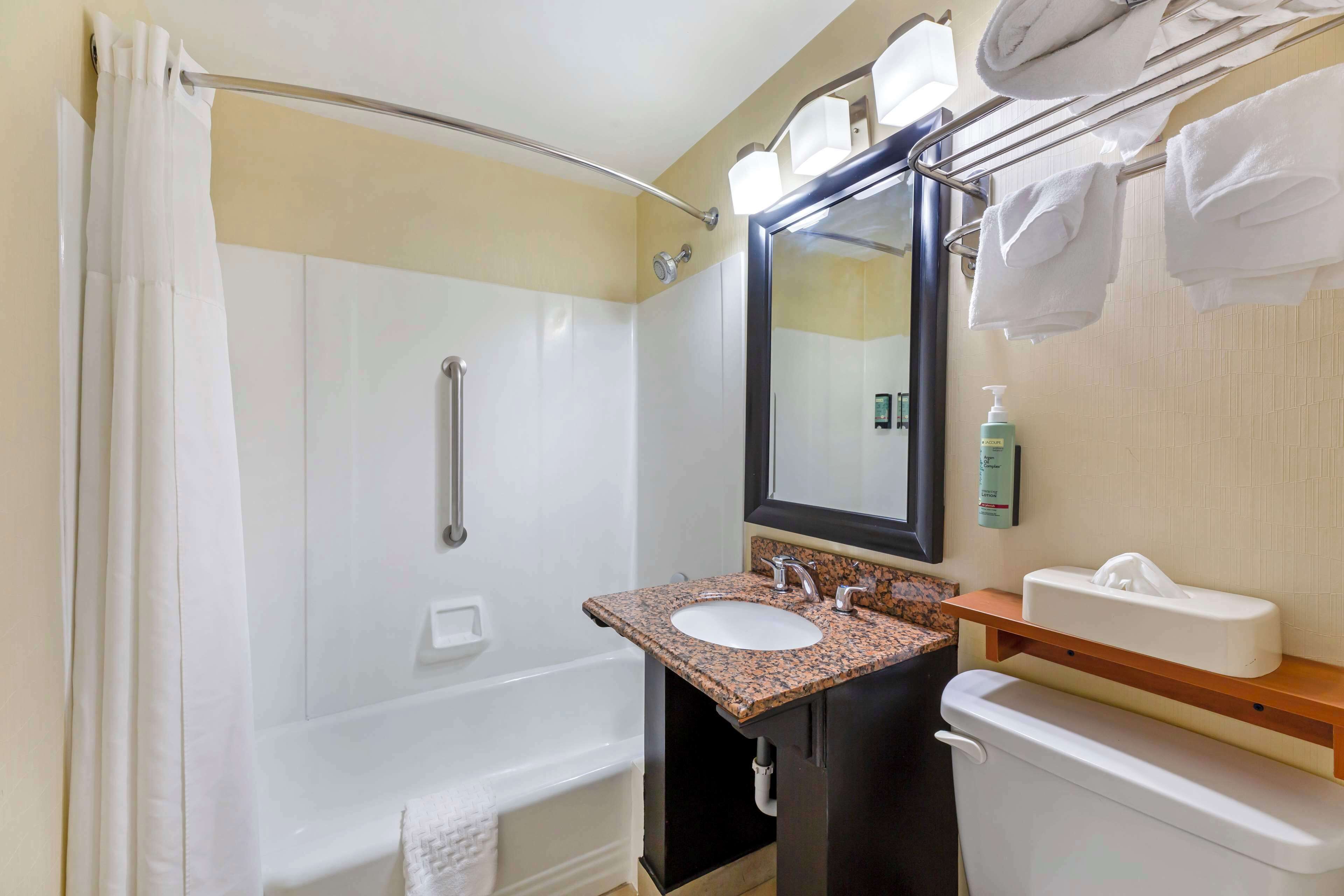 combined shower/bathtub, free toiletries, hair dryer, towels