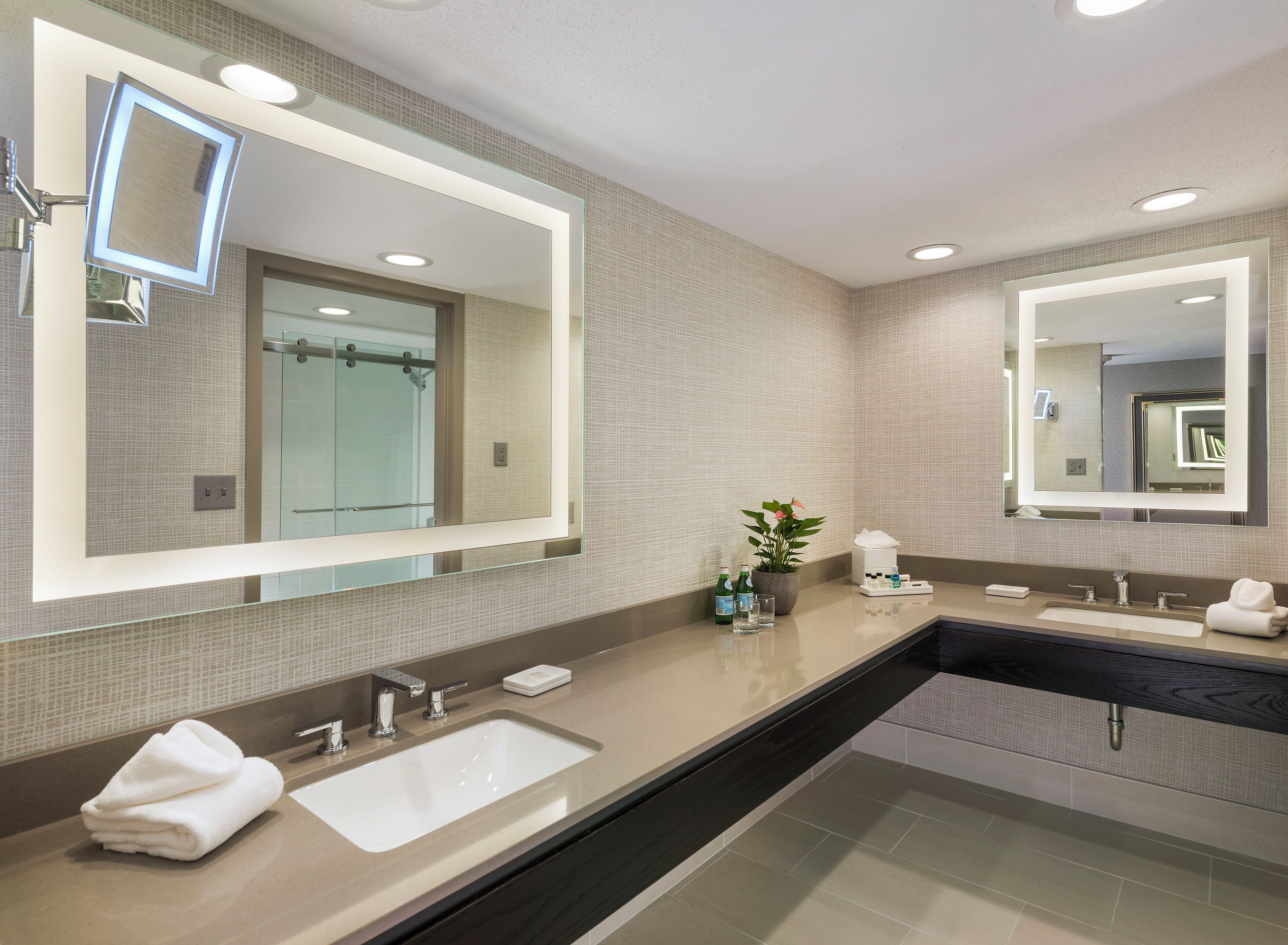 A modern bathroom with two sinks, a large mirror, and a potted plant.