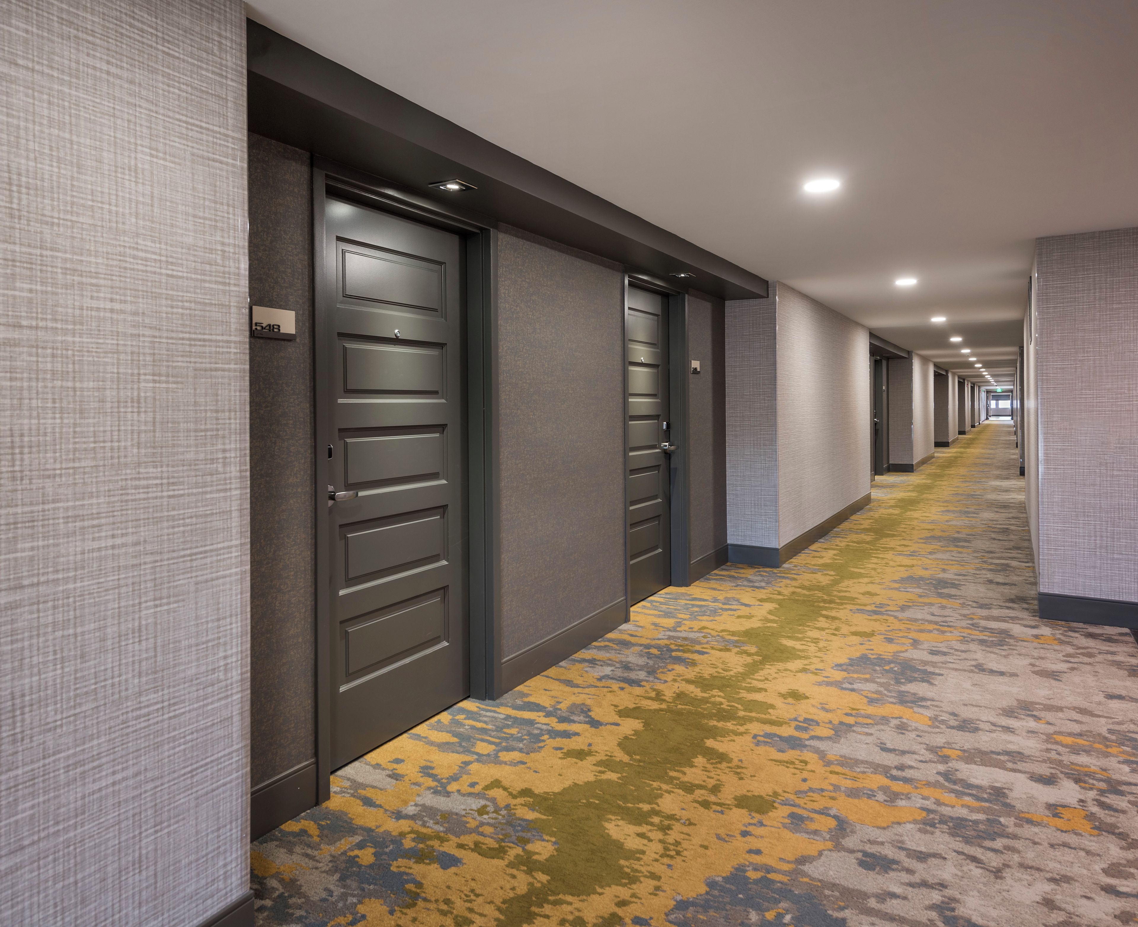 A hotel hallway with doors, carpeted floor, and walls.