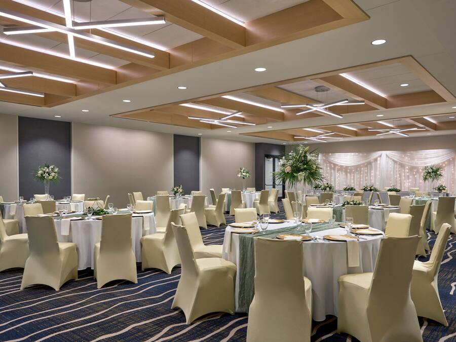 Uma sala de banquetes com mesas redondas, cadeiras bege e piso coberto por carpete.