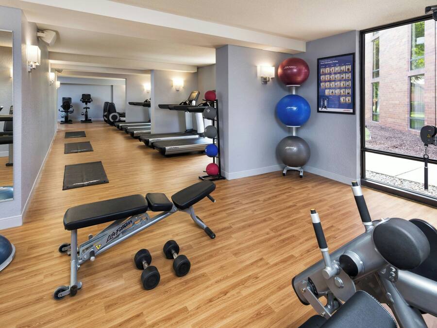 A gym with treadmills, exercise balls, and dumbbells.