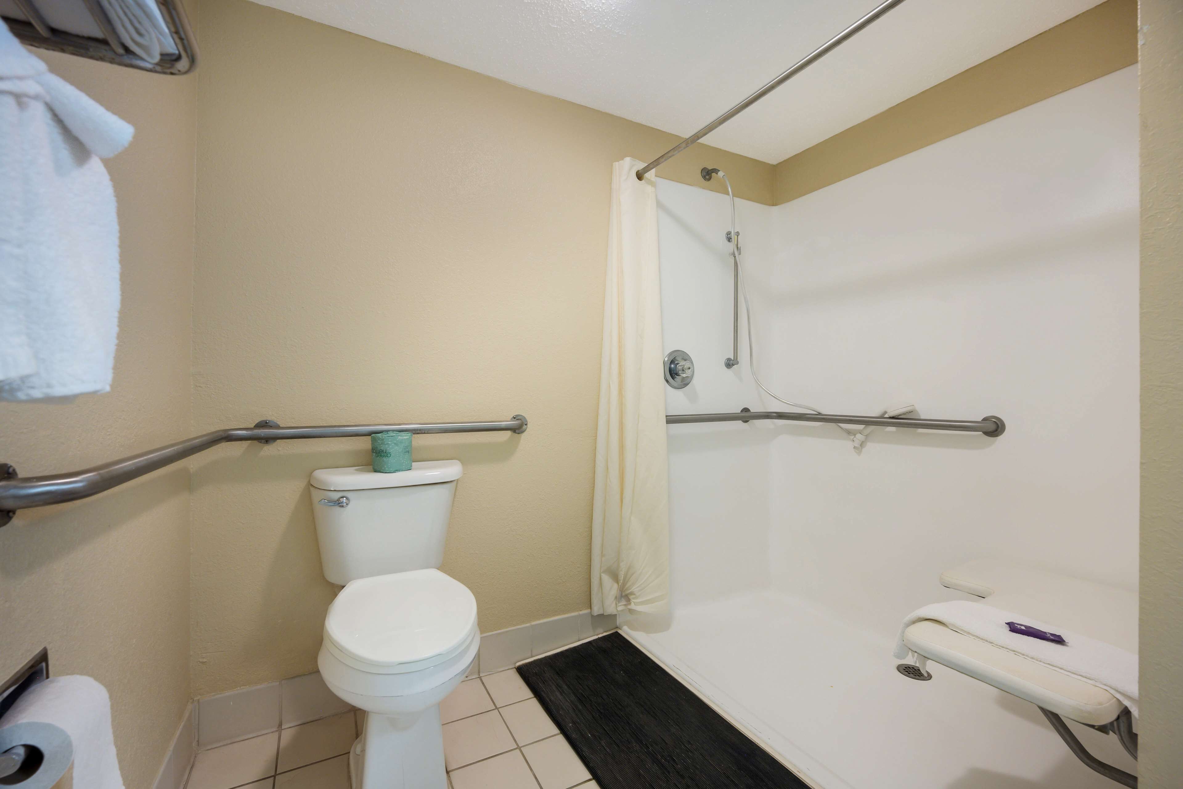 Un baño con inodoro, ducha con barras de apoyo y barra de apoyo sobre el inodoro.