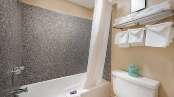 Room, 2 Queen Beds, Non Smoking | Bathroom | Combined shower/tub, hair dryer, towels