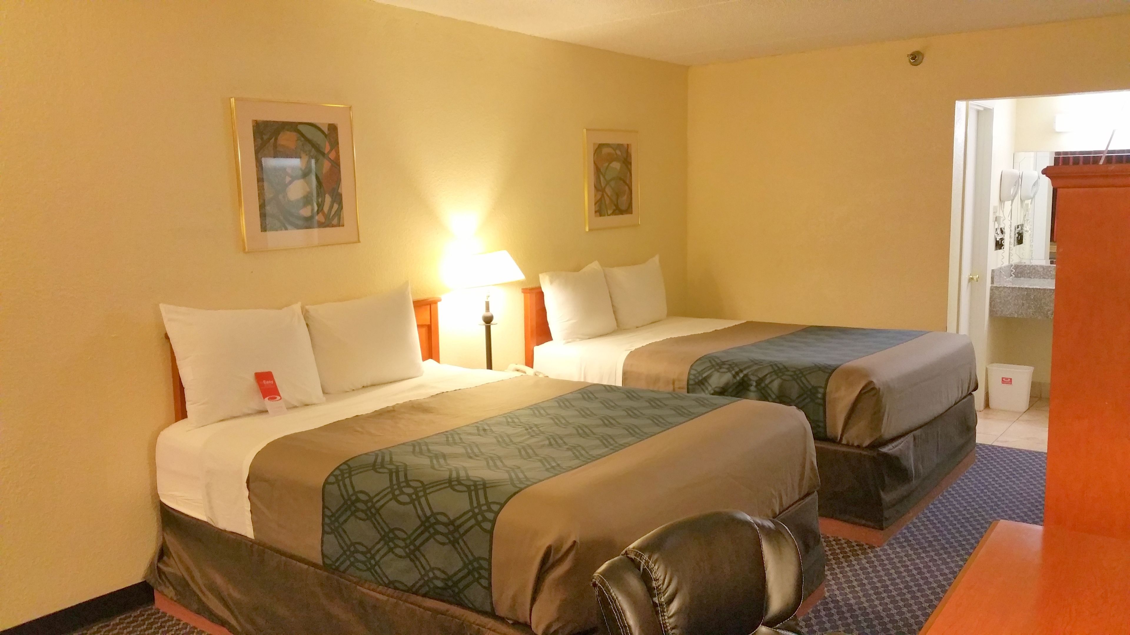 Habitación de hotel con dos camas, cada una con una colcha y almohadas estampadas. Entre las camas hay una mesita de noche con una lámpara, y una pequeña mesa con una silla frente a la cama de la derecha.