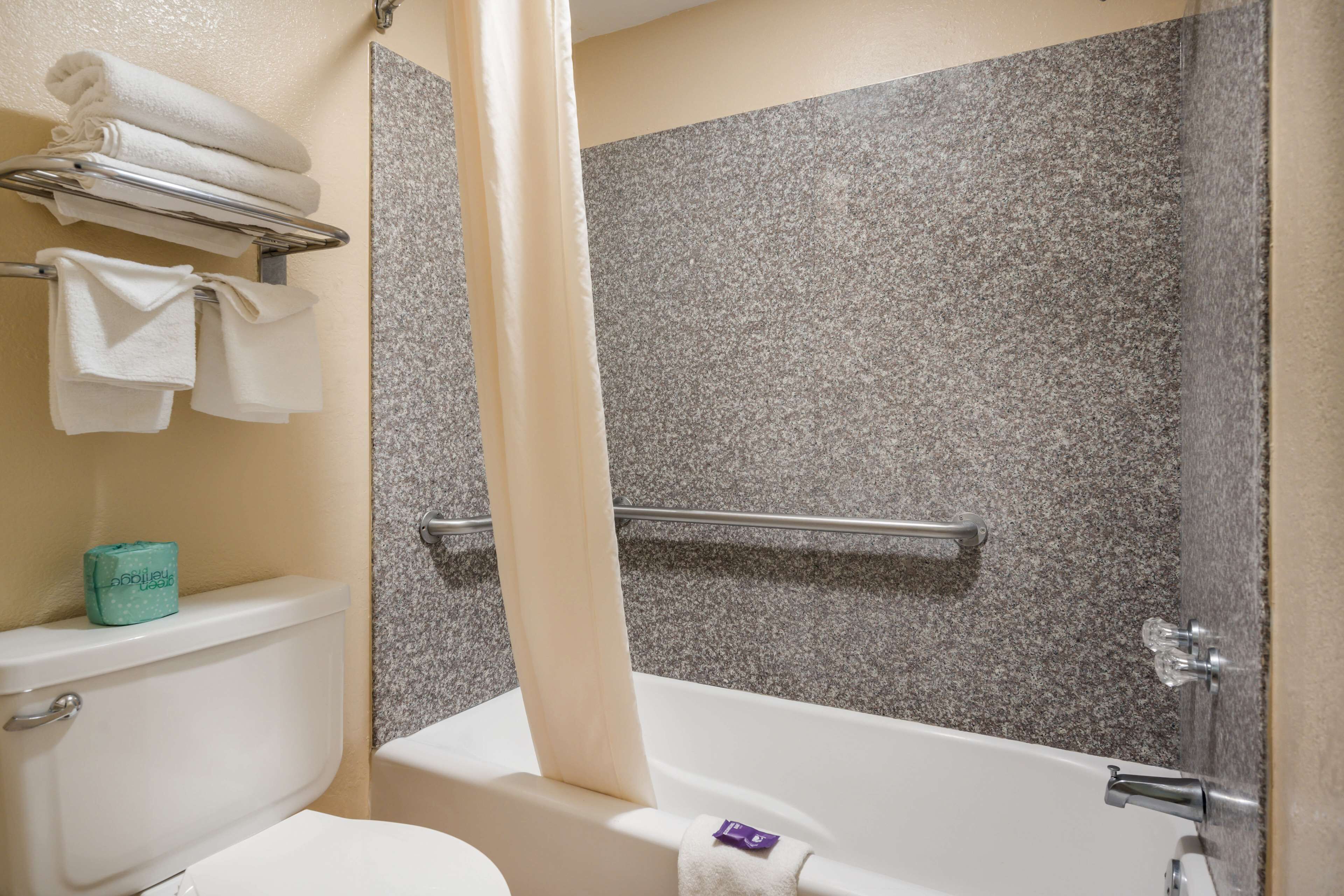 A bathroom with a bathtub, a toilet, a towel rack, and a shower curtain.
