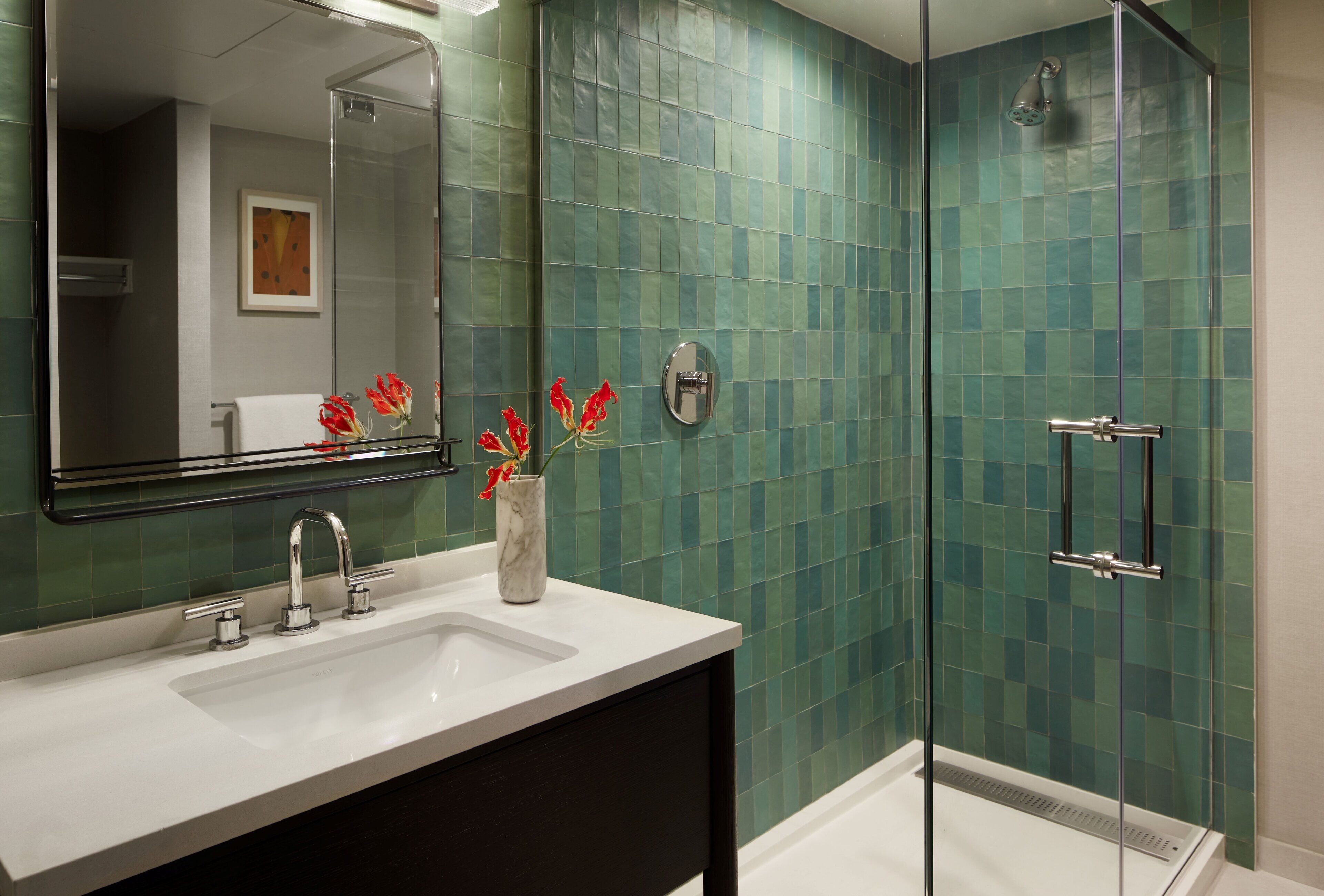 designer toiletries, hair dryer, bathrobes, slippers