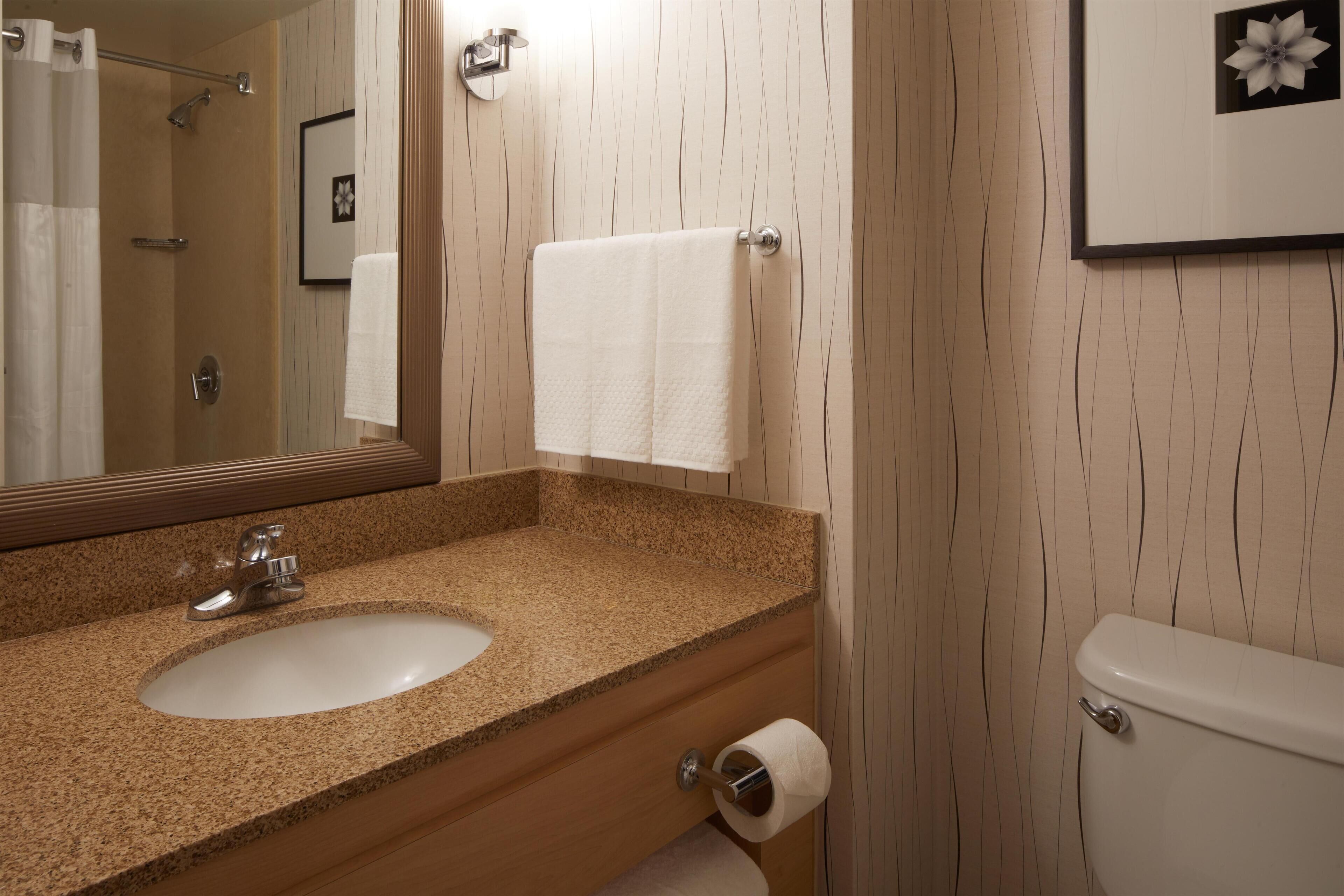 A bathroom with a granite countertop sink, a mirror, a towel rack, and a toilet.