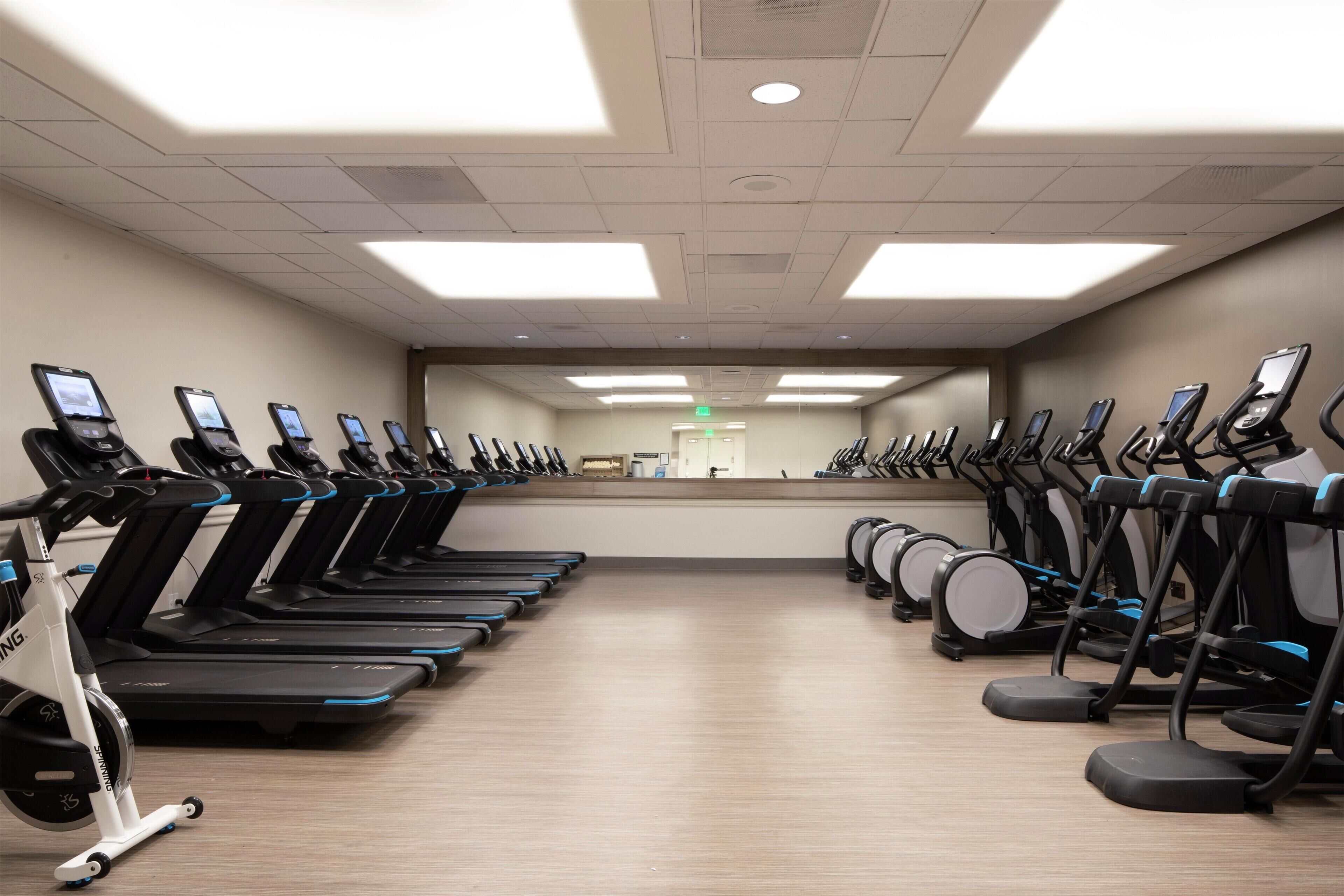 A gym with multiple treadmills and elliptical machines arranged in rows.