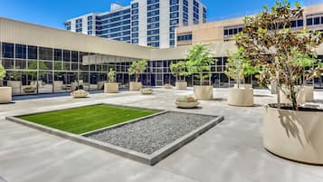 A modern building with large windows and a courtyard with planters and a grassy area.