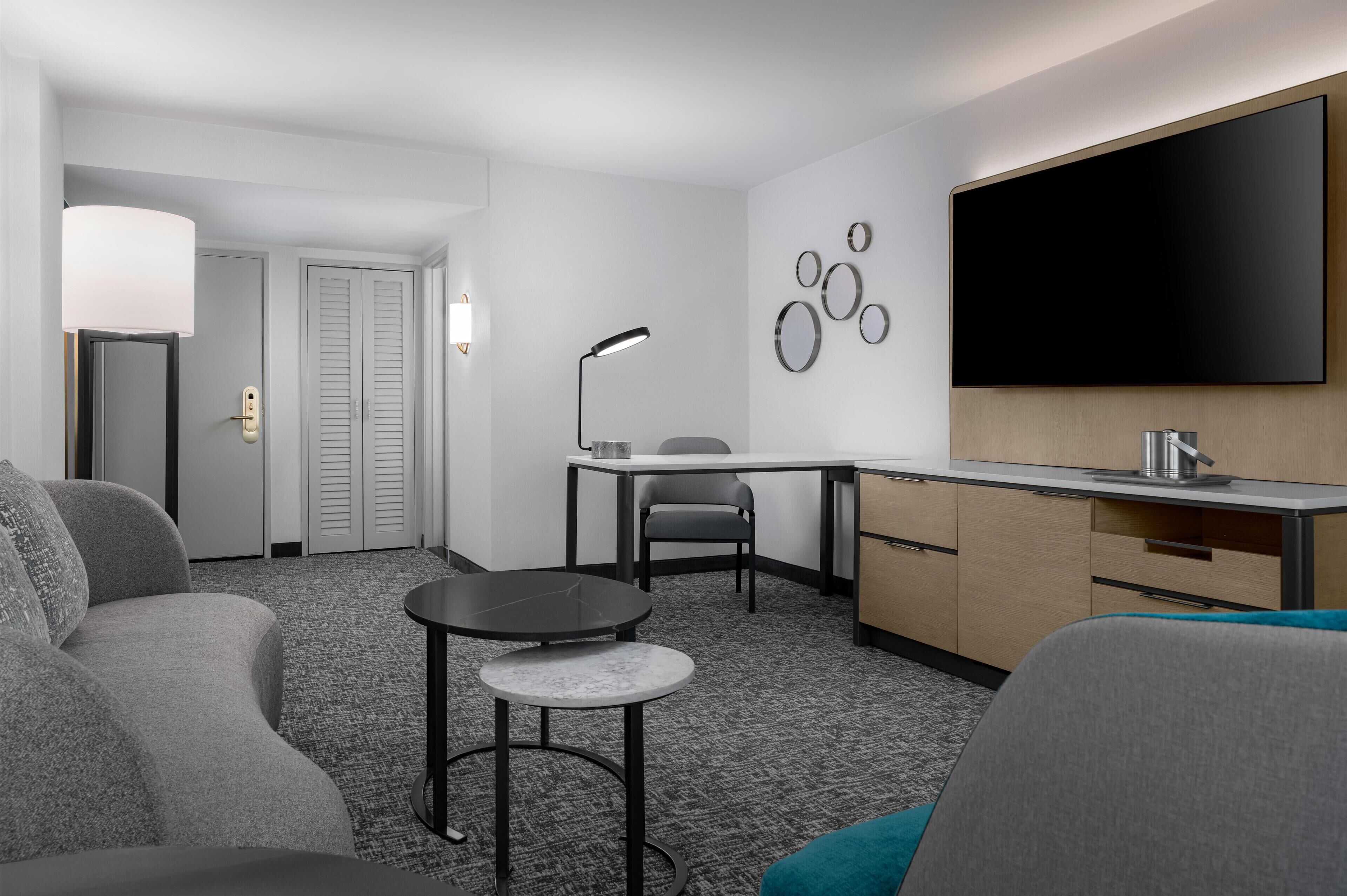 55-inch flat-screen TV with cable channels, TV, pay films