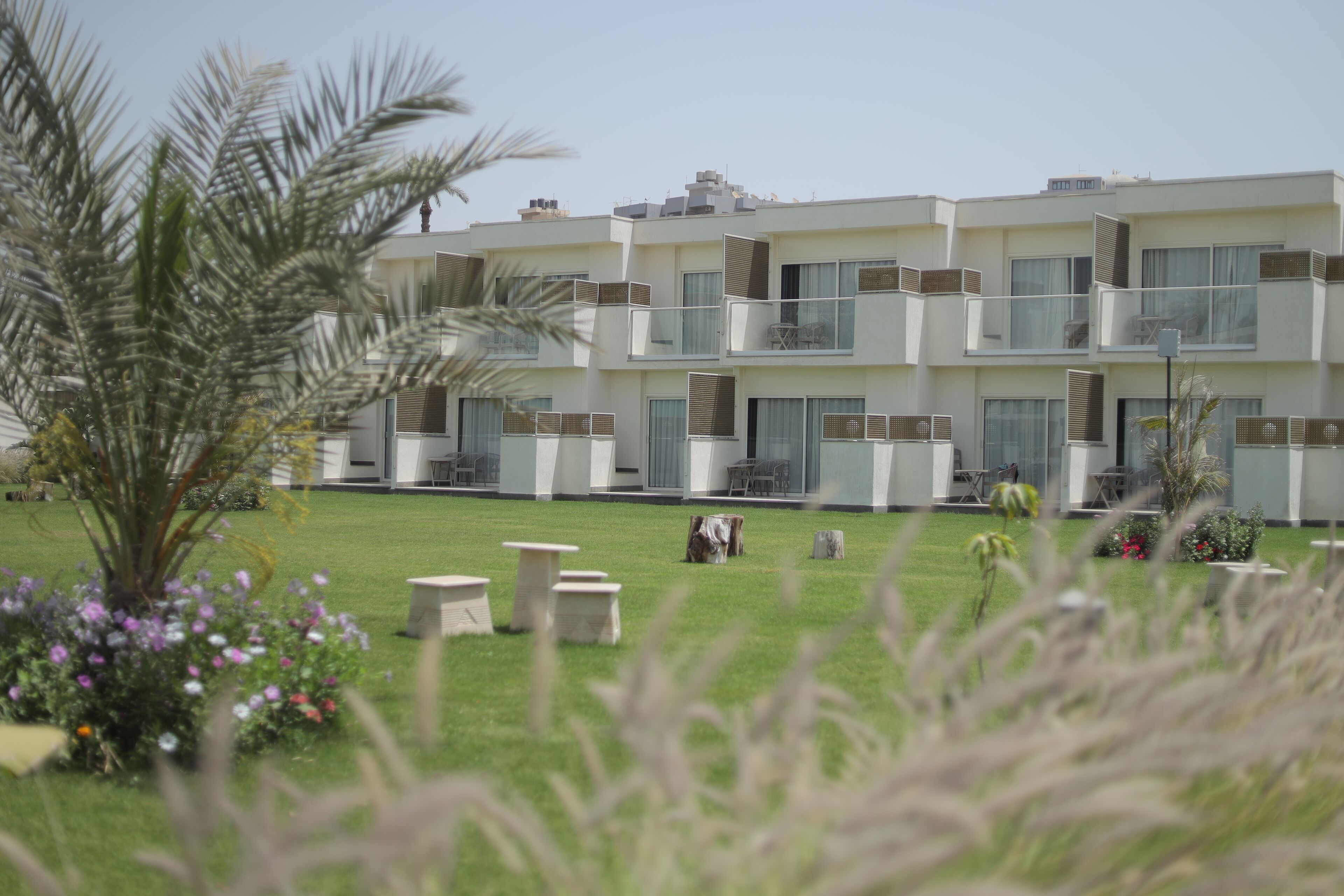 Un hotel de varios pisos con balcones, un césped bien cuidado y zonas de estar al aire libre.