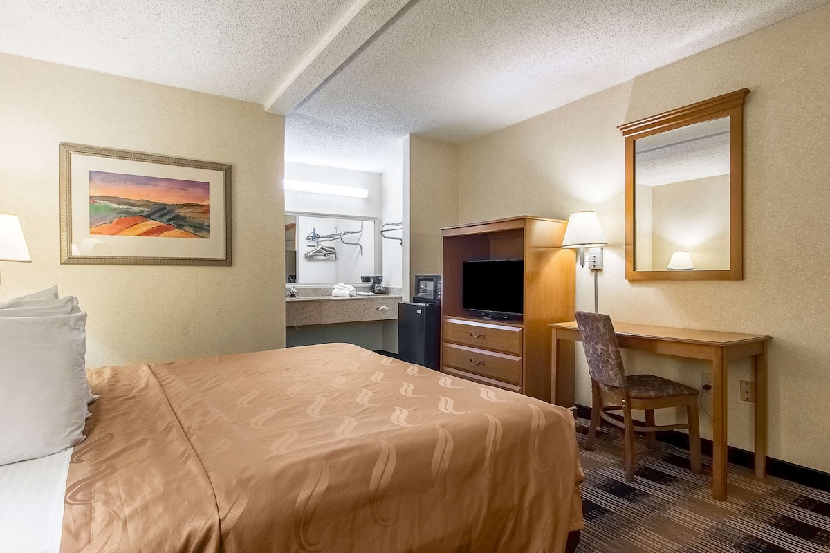 A hotel room with a bed, a desk, a chair, a television, a mirror, and a painting on the wall.