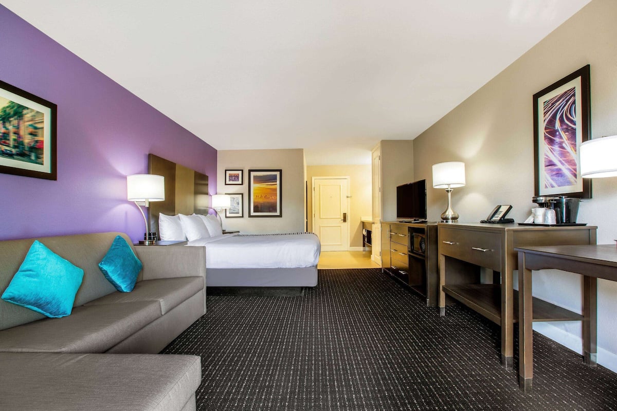 Une chambre d’hôtel avec un lit, un canapé, un bureau et une télévision.