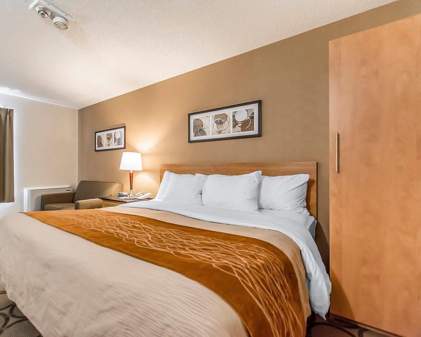 A hotel room with a bed, a nightstand, a lamp, and two framed pictures on the wall.