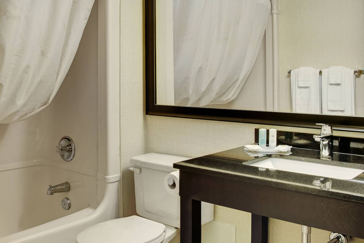 combined shower/bathtub, eco-friendly toiletries, hair dryer, towels