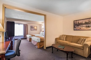 Suite, 2 Double Beds, Non Smoking | Desk, laptop workspace, blackout drapes, iron/ironing board